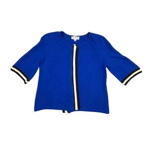 St John Collection Cardigan Women 8 Blue Santana Knit Short Sleeve Contrast Trim